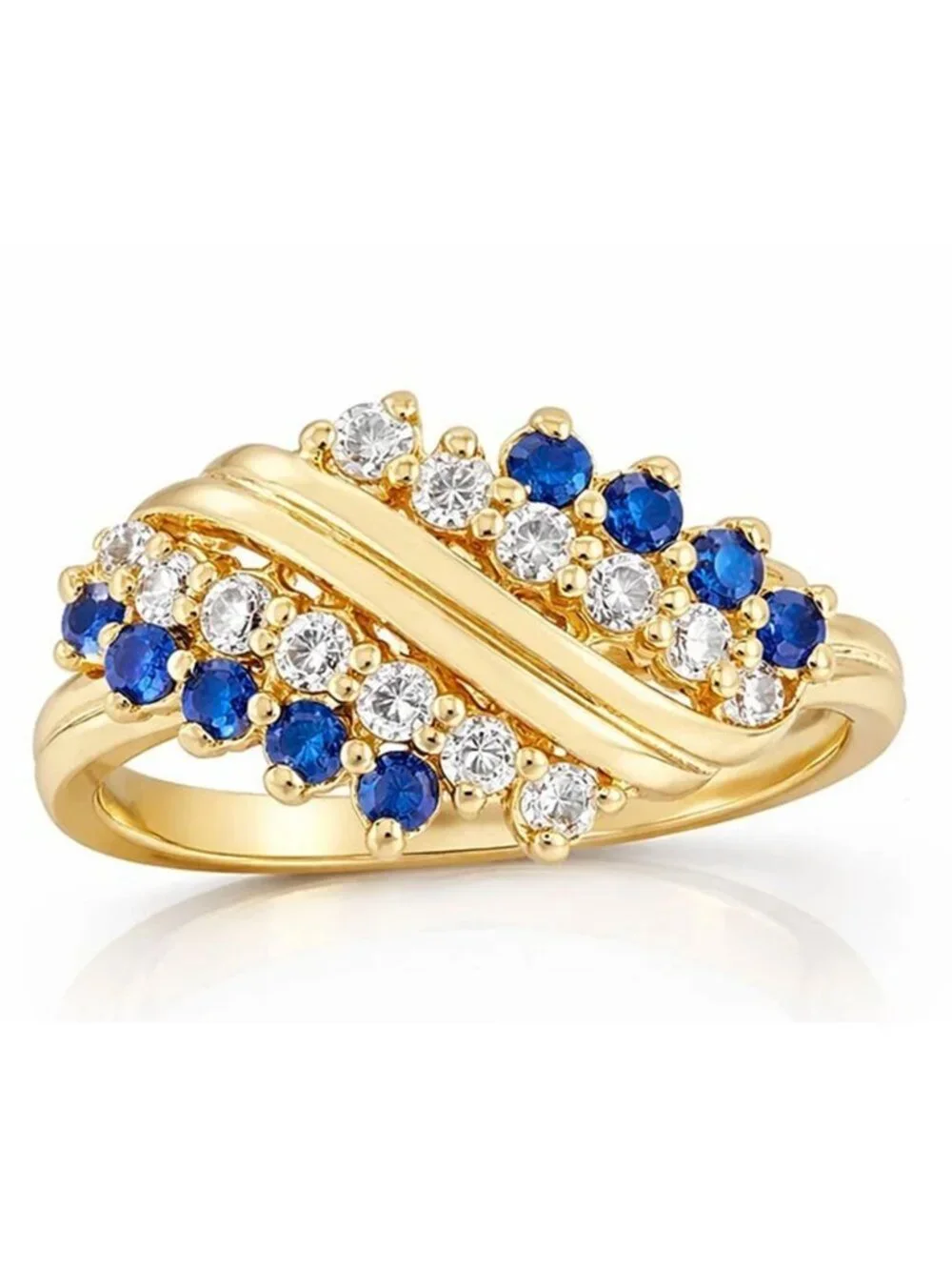 Created Blue & White Sapphire Ring Solid 14k Yellow Gold